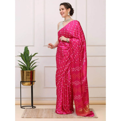 Dress & Dazzle Hot Pink Bandhini Modal Silk Saree with Unstitched Blouse