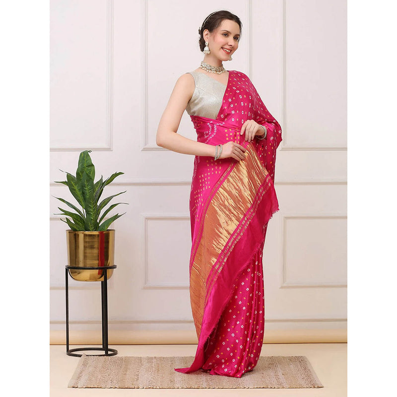 Dress & Dazzle Hot Pink Bandhini Modal Silk Saree with Unstitched Blouse