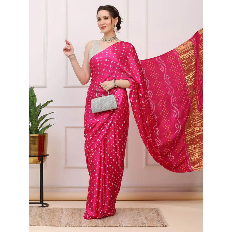 Dress & Dazzle Hot Pink Bandhini Modal Silk Saree with Unstitched Blouse