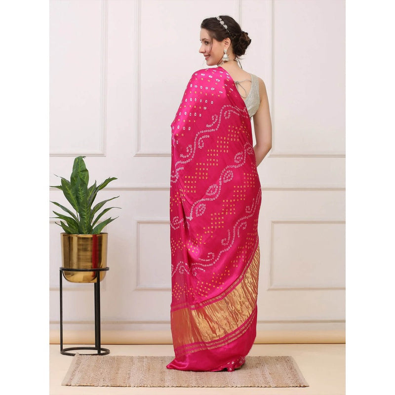 Dress & Dazzle Hot Pink Bandhini Modal Silk Saree with Unstitched Blouse