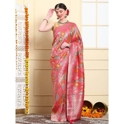 Dress & Dazzle Rainbow Pink Rungkat Silk Saree with Unstitched Blouse