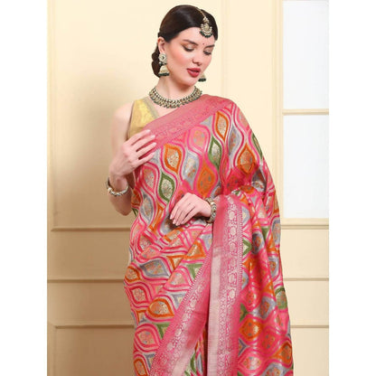 Dress & Dazzle Rainbow Pink Rungkat Silk Saree with Unstitched Blouse