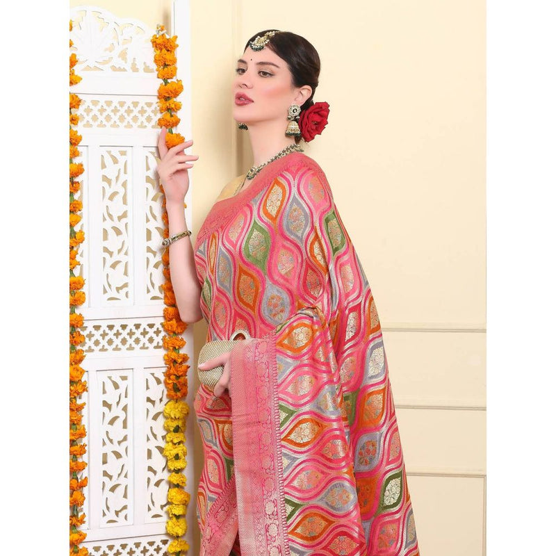 Dress & Dazzle Rainbow Pink Rungkat Silk Saree with Unstitched Blouse