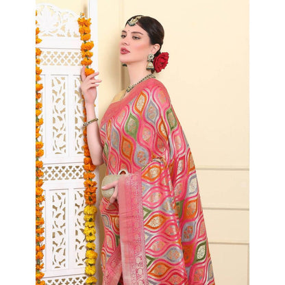 Dress & Dazzle Rainbow Pink Rungkat Silk Saree with Unstitched Blouse