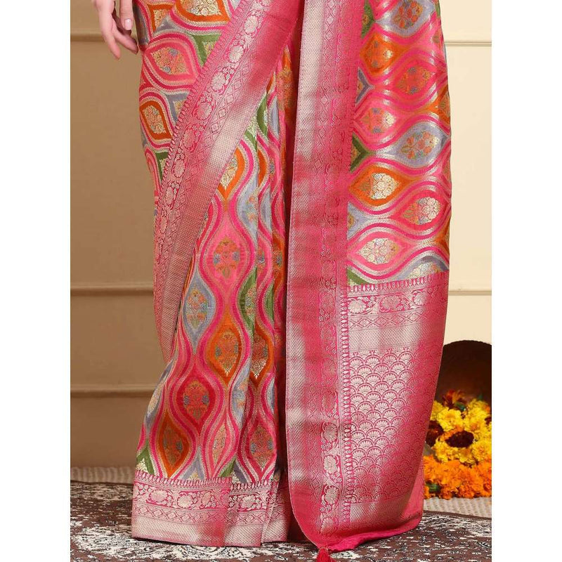 Dress & Dazzle Rainbow Pink Rungkat Silk Saree with Unstitched Blouse