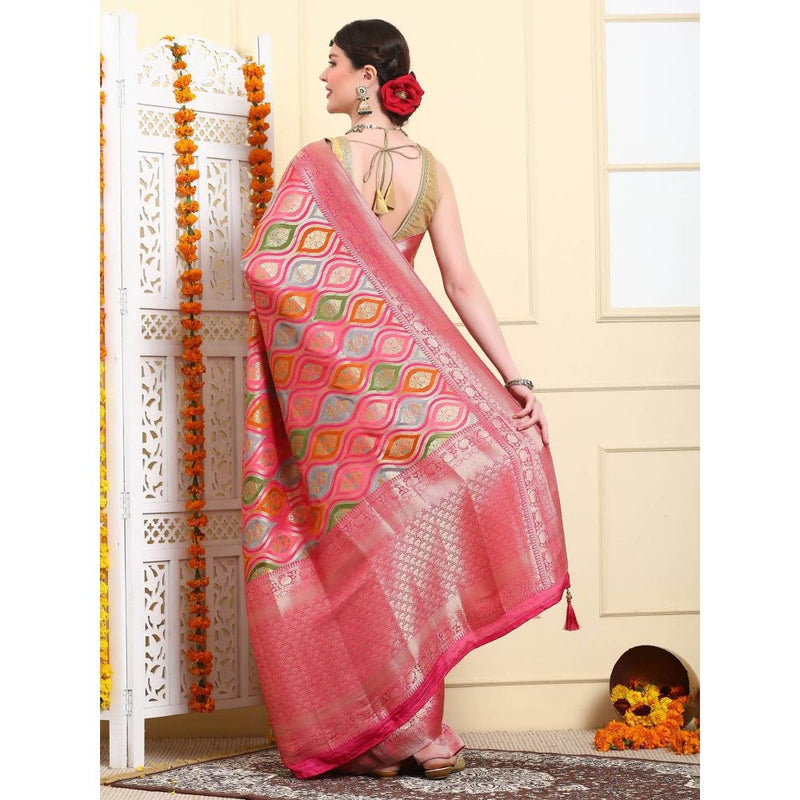 Dress & Dazzle Rainbow Pink Rungkat Silk Saree with Unstitched Blouse
