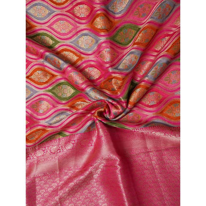 Dress & Dazzle Rainbow Pink Rungkat Silk Saree with Unstitched Blouse