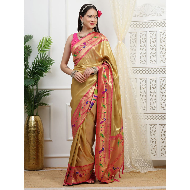 Dress & Dazzle Gold Paithani Tissue Saree with Unstitched Blouse