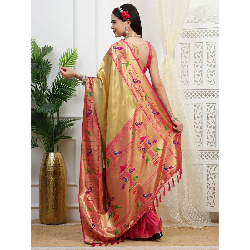 Dress & Dazzle Gold Paithani Tissue Saree with Unstitched Blouse