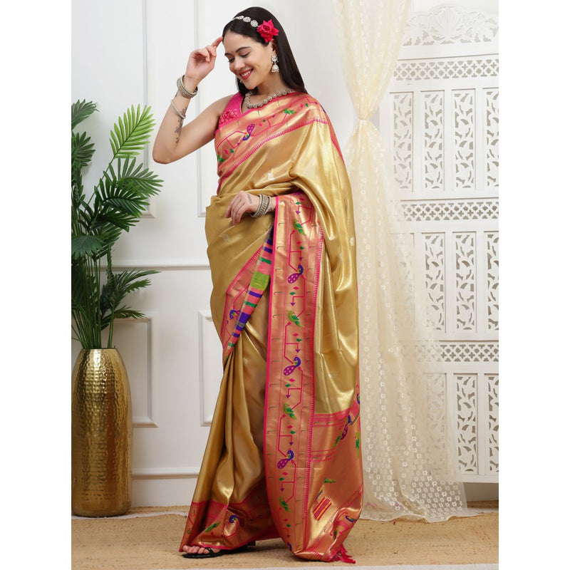 Dress & Dazzle Gold Paithani Tissue Saree with Unstitched Blouse