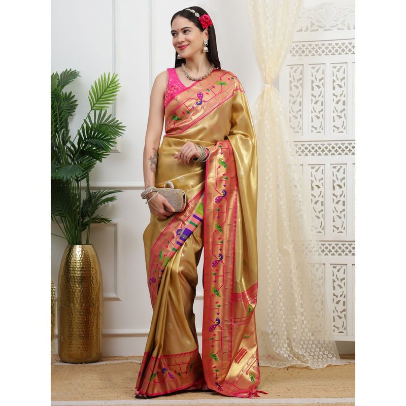 Dress & Dazzle Gold Paithani Tissue Saree with Unstitched Blouse