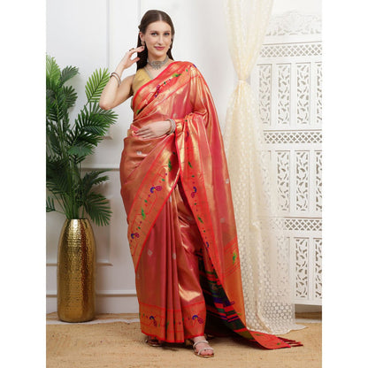 Dress & Dazzle Rust Paithani Tissue Silk Saree with Unstitched Blouse