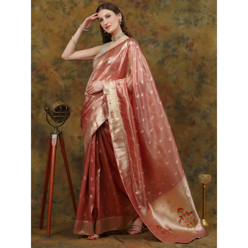 Dress & Dazzle Pink Paithani Tissue with Unstitched Blouse