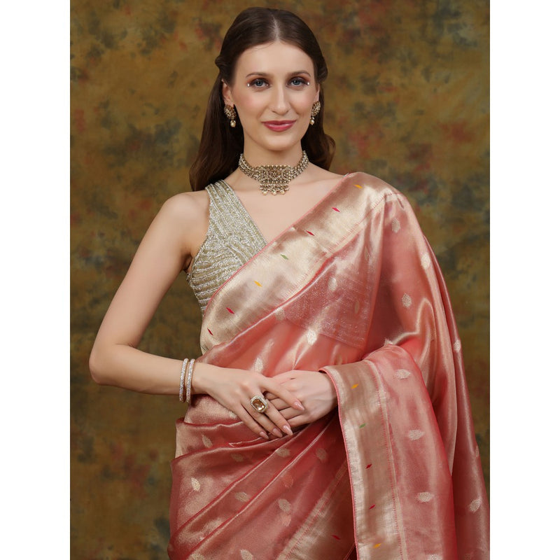 Dress & Dazzle Pink Paithani Tissue with Unstitched Blouse