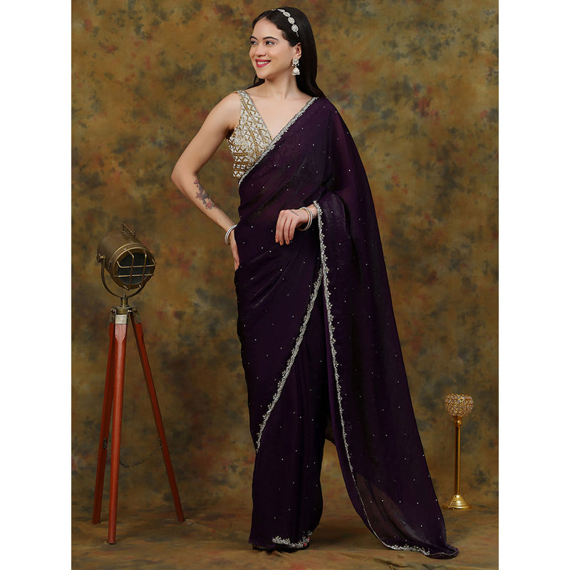 Dress & Dazzle Deep Purple Satin Tissue Saree with Unstitched Blouse