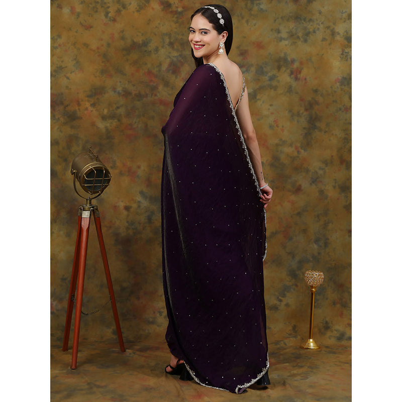 Dress & Dazzle Deep Purple Satin Tissue Saree with Unstitched Blouse