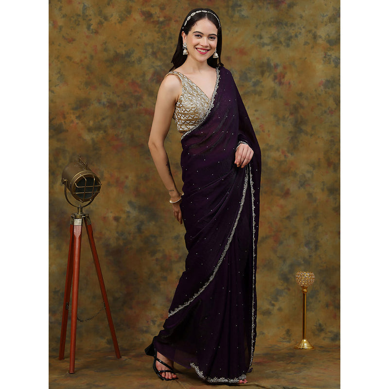 Dress & Dazzle Deep Purple Satin Tissue Saree with Unstitched Blouse