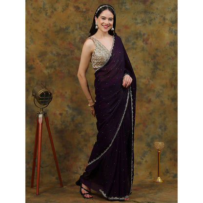 Dress & Dazzle Deep Purple Satin Tissue Saree with Unstitched Blouse