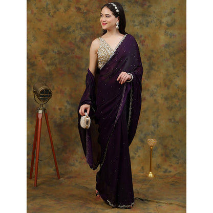 Dress & Dazzle Deep Purple Satin Tissue Saree with Unstitched Blouse
