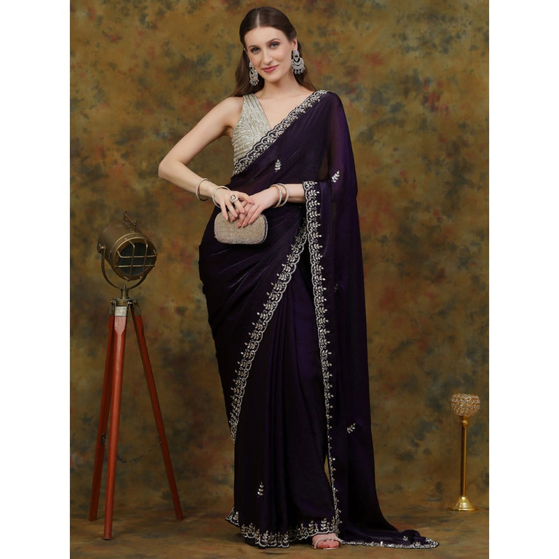 Dress & Dazzle Dark Purple Satin Tissue with Unstitched Blouse