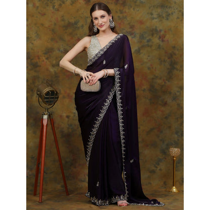 Dress & Dazzle Dark Purple Satin Tissue with Unstitched Blouse