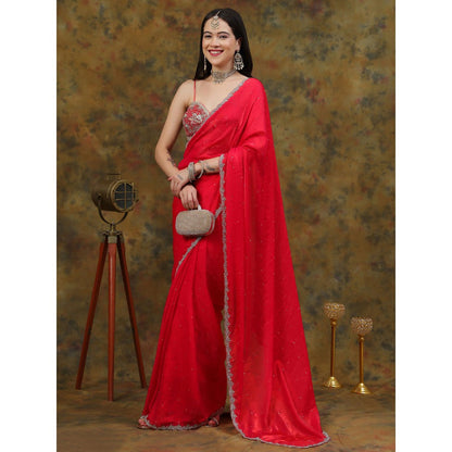 Dress & Dazzle Ruby Red Satin Tissue Saree with Unstitched Blouse