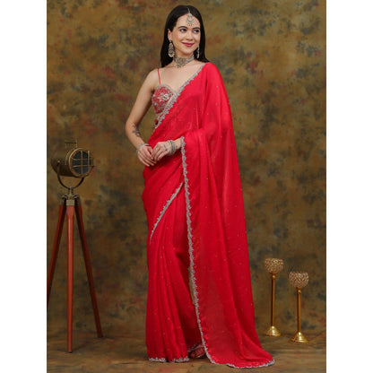 Dress & Dazzle Ruby Red Satin Tissue Saree with Unstitched Blouse