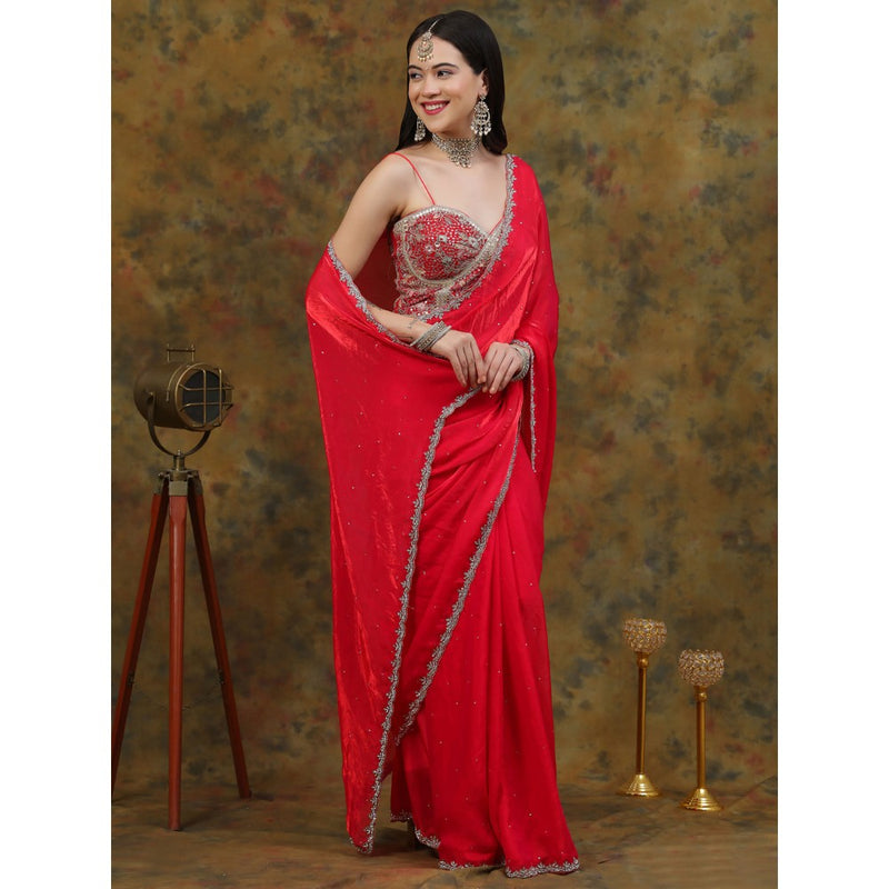 Dress & Dazzle Ruby Red Satin Tissue Saree with Unstitched Blouse