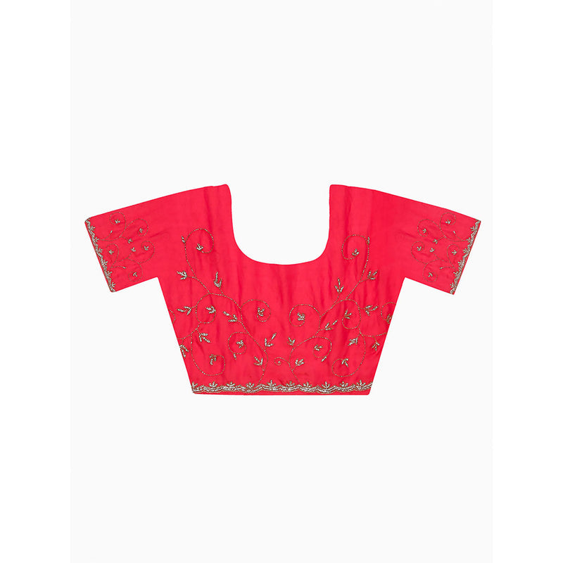 Dress & Dazzle Ruby Red Satin Tissue Saree with Unstitched Blouse