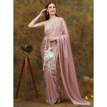 Dress & Dazzle Rose Gold Shimmer Crepe Saree with Unstitched Blouse