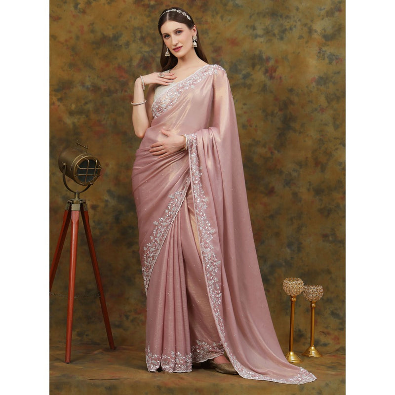 Dress & Dazzle Rose Gold Shimmer Crepe Saree with Unstitched Blouse