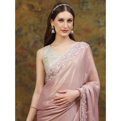 Dress & Dazzle Rose Gold Shimmer Crepe Saree with Unstitched Blouse