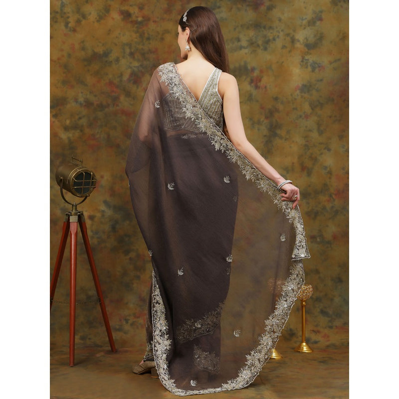 Dress & Dazzle Charcoal Grey Crepe Chiffon Saree with Unstitched Blouse