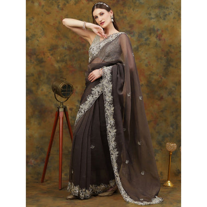 Dress & Dazzle Charcoal Grey Crepe Chiffon Saree with Unstitched Blouse