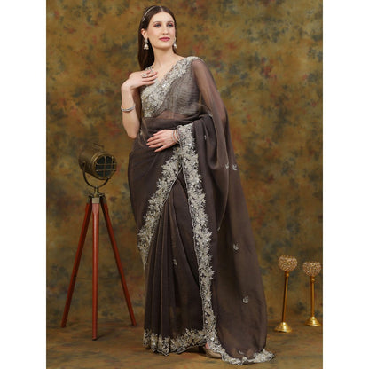 Dress & Dazzle Charcoal Grey Crepe Chiffon Saree with Unstitched Blouse