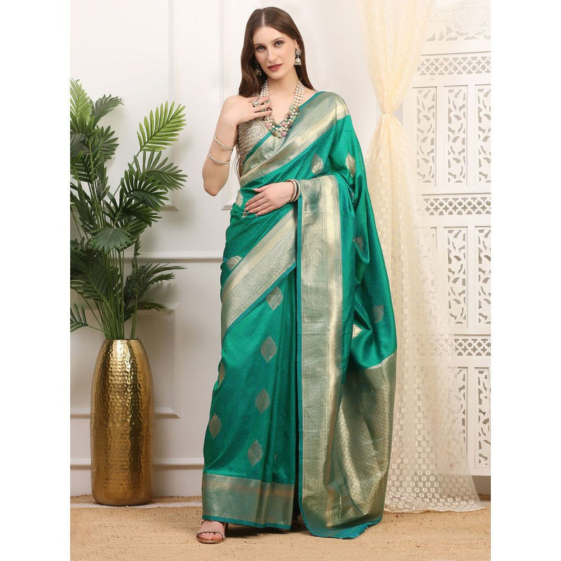 Dress & Dazzle Emerald Green Silk Saree with Unstitched Blouse
