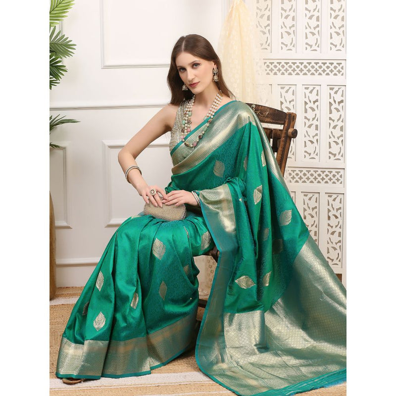 Dress & Dazzle Emerald Green Silk Saree with Unstitched Blouse