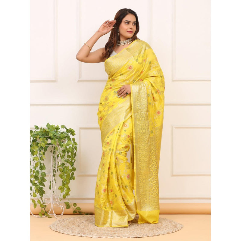 Dress & Dazzle Yellow Banarasi Organza Saree with Unstitched Blouse