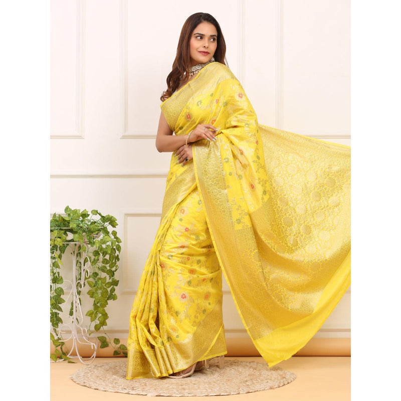 Dress & Dazzle Yellow Banarasi Organza Saree with Unstitched Blouse