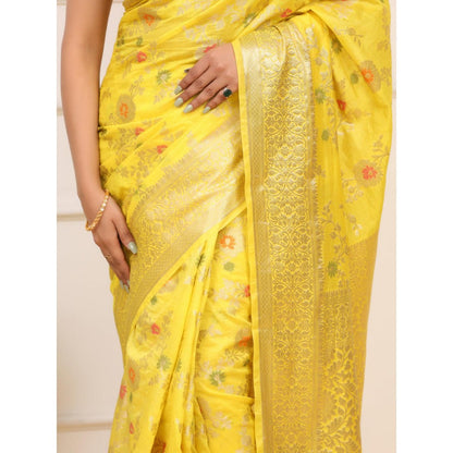 Dress & Dazzle Yellow Banarasi Organza Saree with Unstitched Blouse
