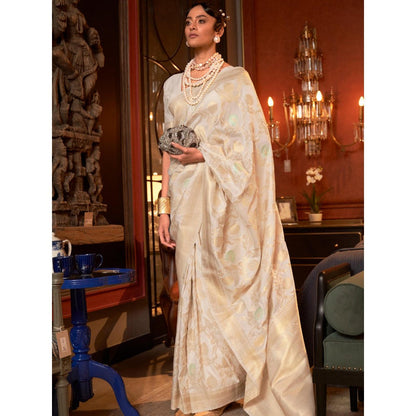 Dress & Dazzle Cream Banarasi Silk Saree with Unstitched Blouse