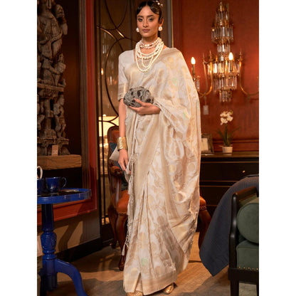 Dress & Dazzle Cream Banarasi Silk Saree with Unstitched Blouse