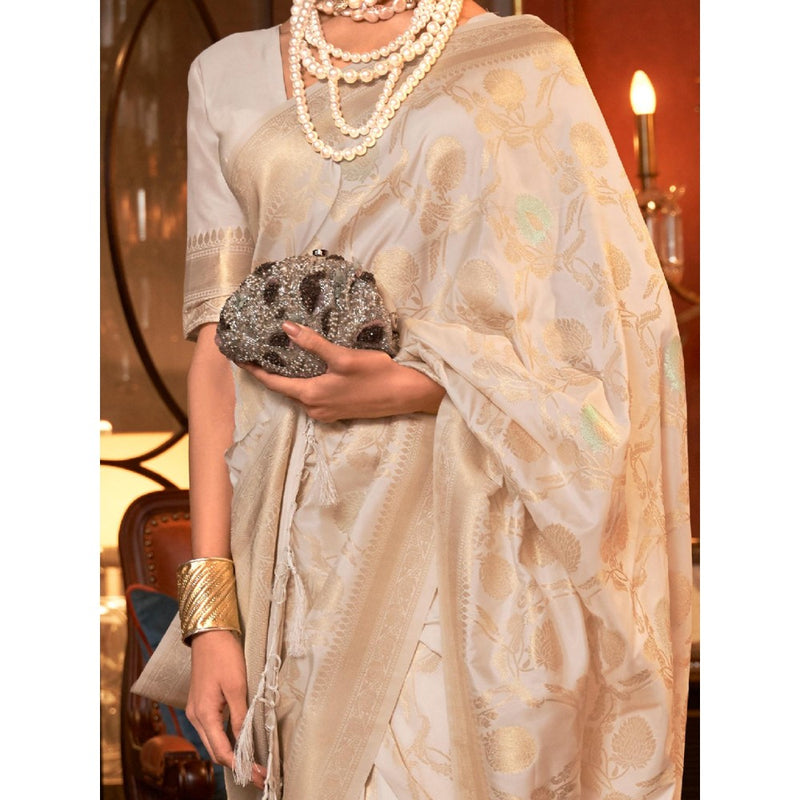 Dress & Dazzle Cream Banarasi Silk Saree with Unstitched Blouse