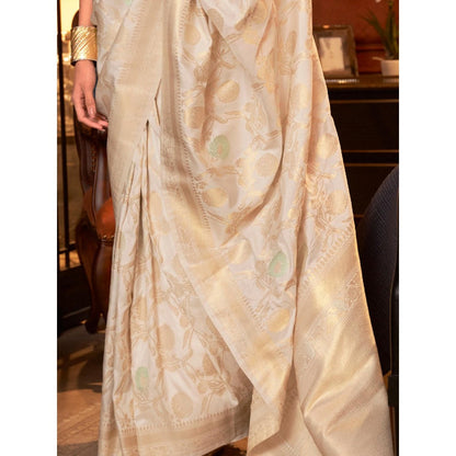 Dress & Dazzle Cream Banarasi Silk Saree with Unstitched Blouse
