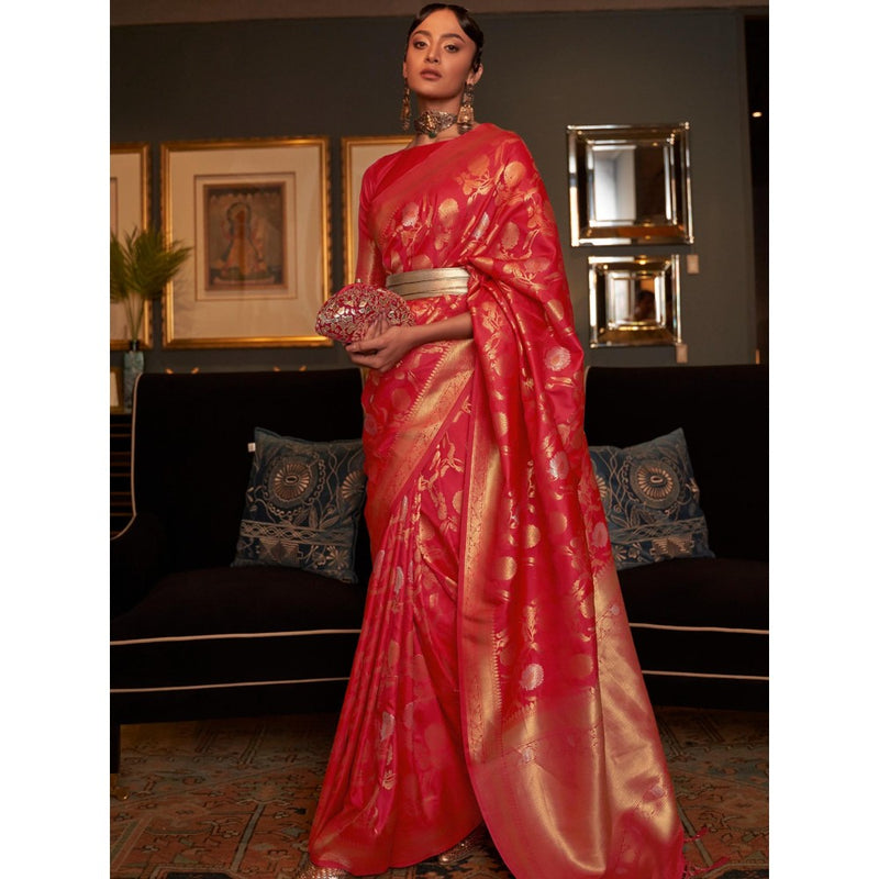 Dress & Dazzle Ruby Red Banarasi Silk Saree with Unstitched Blouse