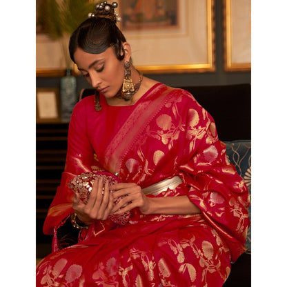 Dress & Dazzle Ruby Red Banarasi Silk Saree with Unstitched Blouse