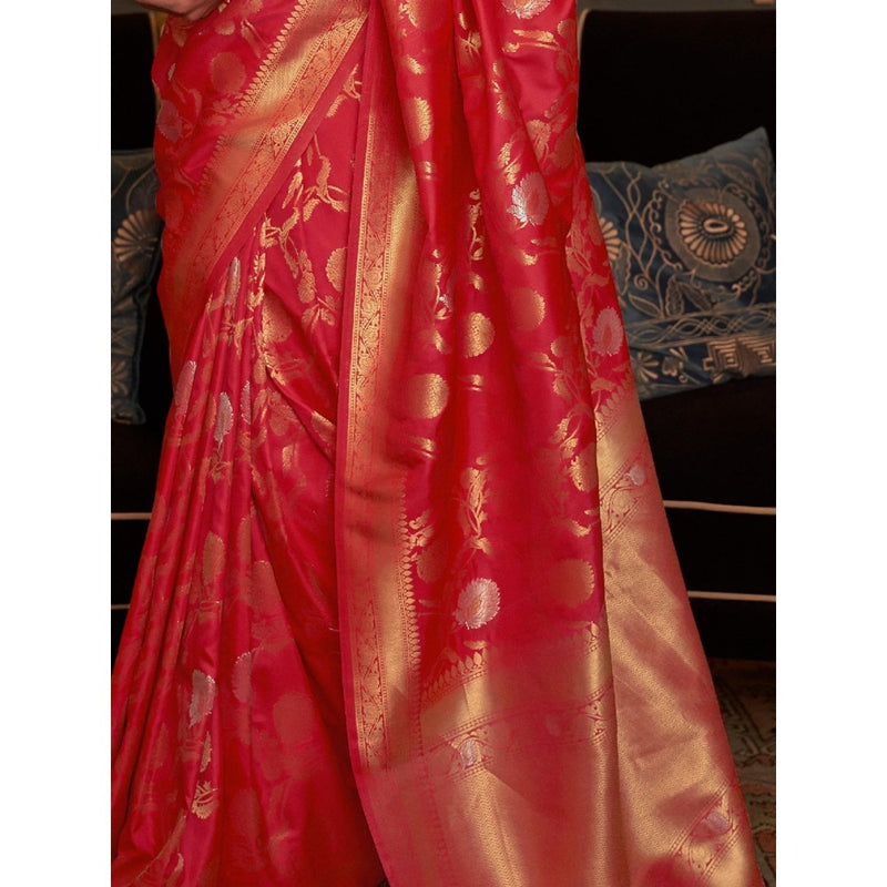 Dress & Dazzle Ruby Red Banarasi Silk Saree with Unstitched Blouse