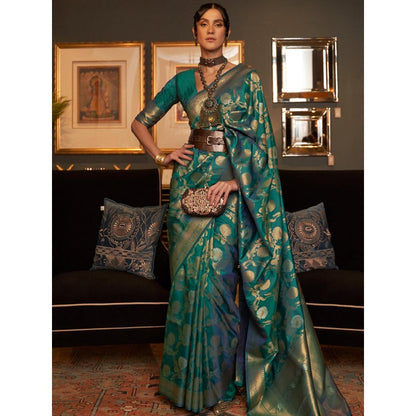 Dress & Dazzle Rama Green Banarasi Organza Saree with Unstitched Blouse