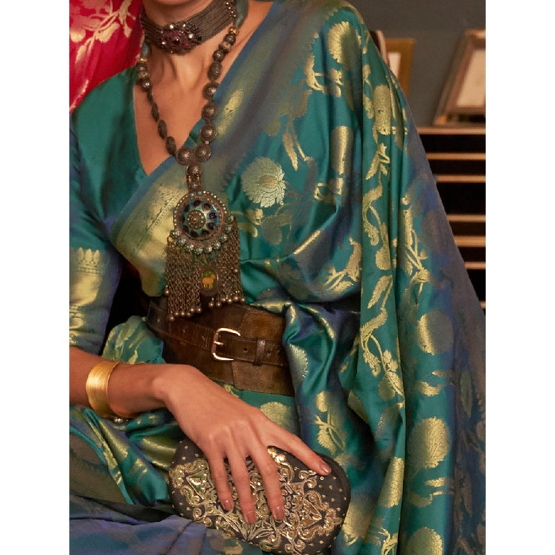 Dress & Dazzle Rama Green Banarasi Organza Saree with Unstitched Blouse