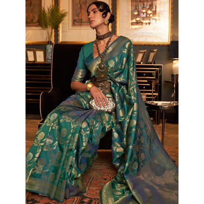 Dress & Dazzle Rama Green Banarasi Organza Saree with Unstitched Blouse